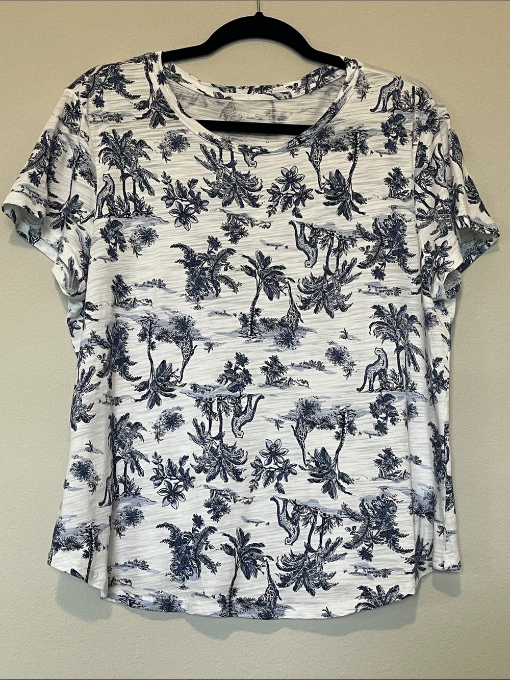 Women's Short-Sleeve Tropical Print Tee - White & Navy Petite XL